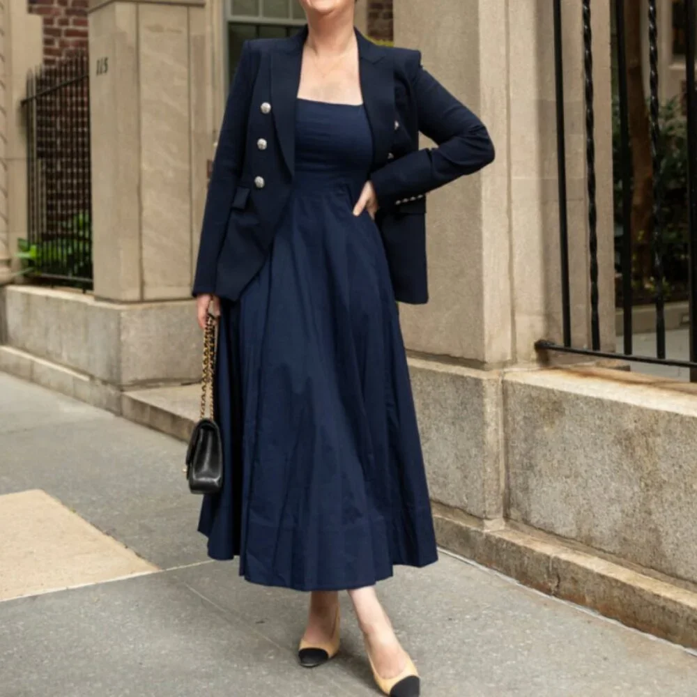 BEST STAUD Wells Midi Dress Sz6/8/10 Navy Blue Classic Cotton Party Wedding - Picture 3 of 12